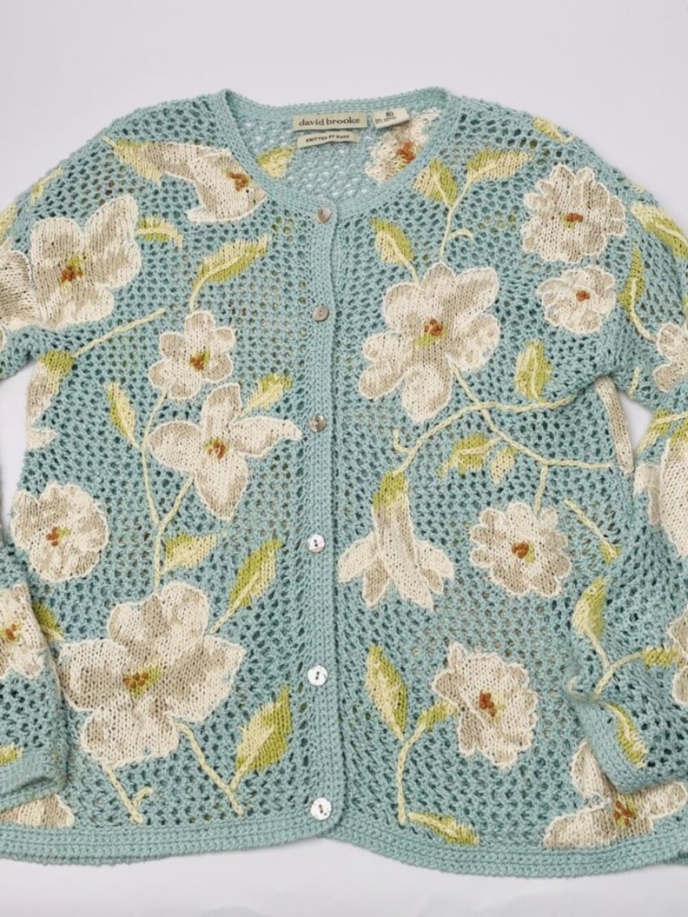 Vintage David Brooks Hand-Knitted Open-Weave Floral Cardigan Linen & Silk Blend